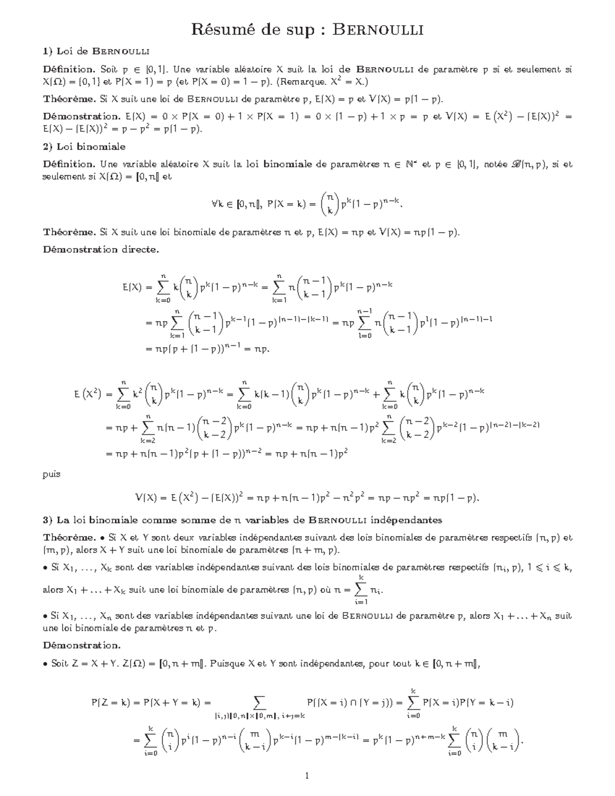 Bernoulli - Résumé de sup : Bernoulli Loi de Bernoulli Définition. Soit ...