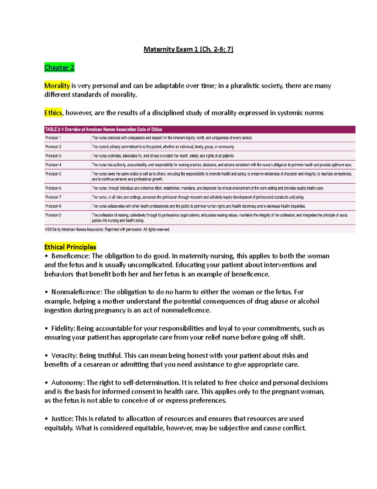 Maternity Exam 1 SG - Lecture Notes - Maternity Exam 1 (Ch. 2-6; 7 ...