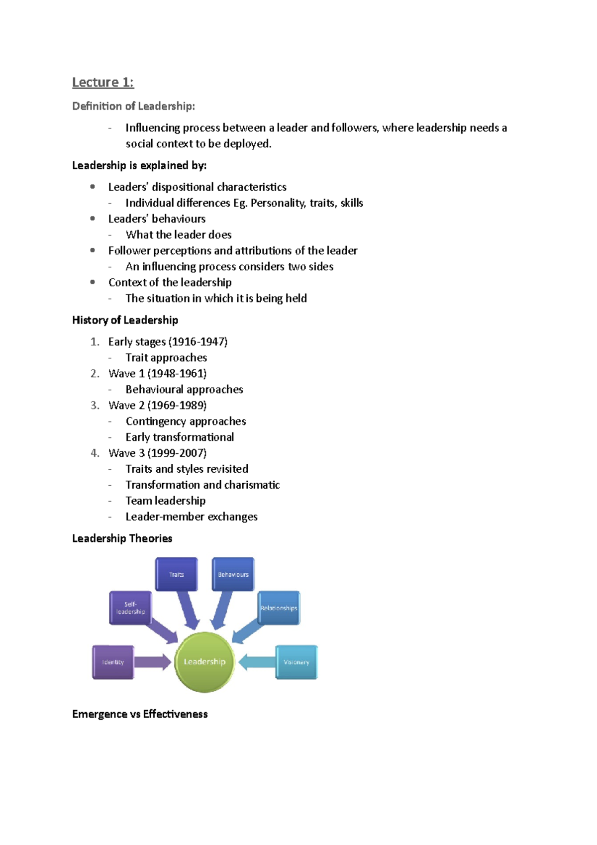 Leadership 1 - Lecture Notes - Lecture 1: Definition of Leadership ...