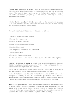 Central Bank and funtions