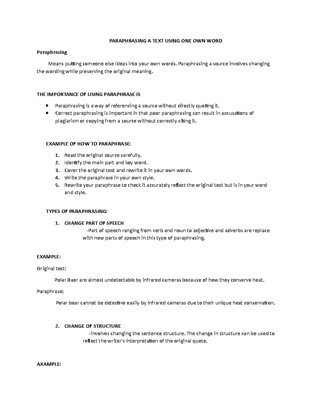 Paraphrasing (1) - nothing - PARAPHRASING A TEXT USING ONE OWN WORD ...