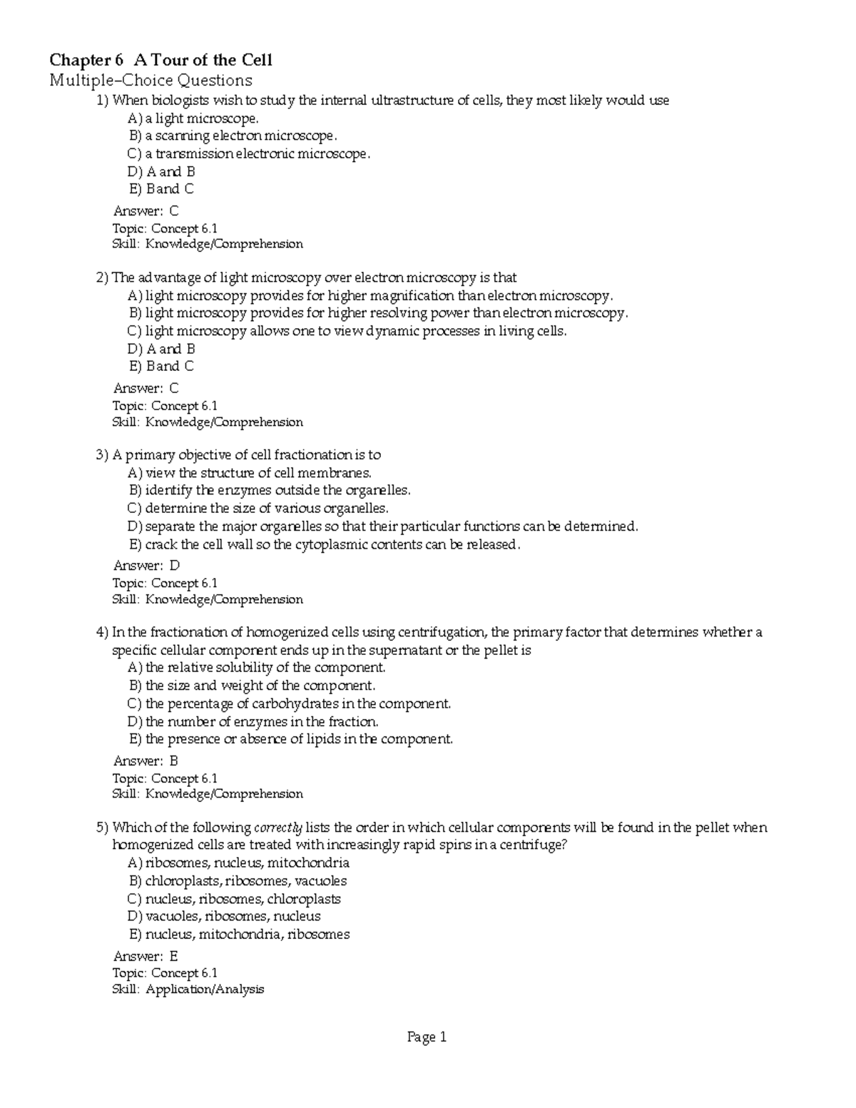 Ch6 practice - Chapter 6A Tour of the Cell Multiple-Choice Questions ...