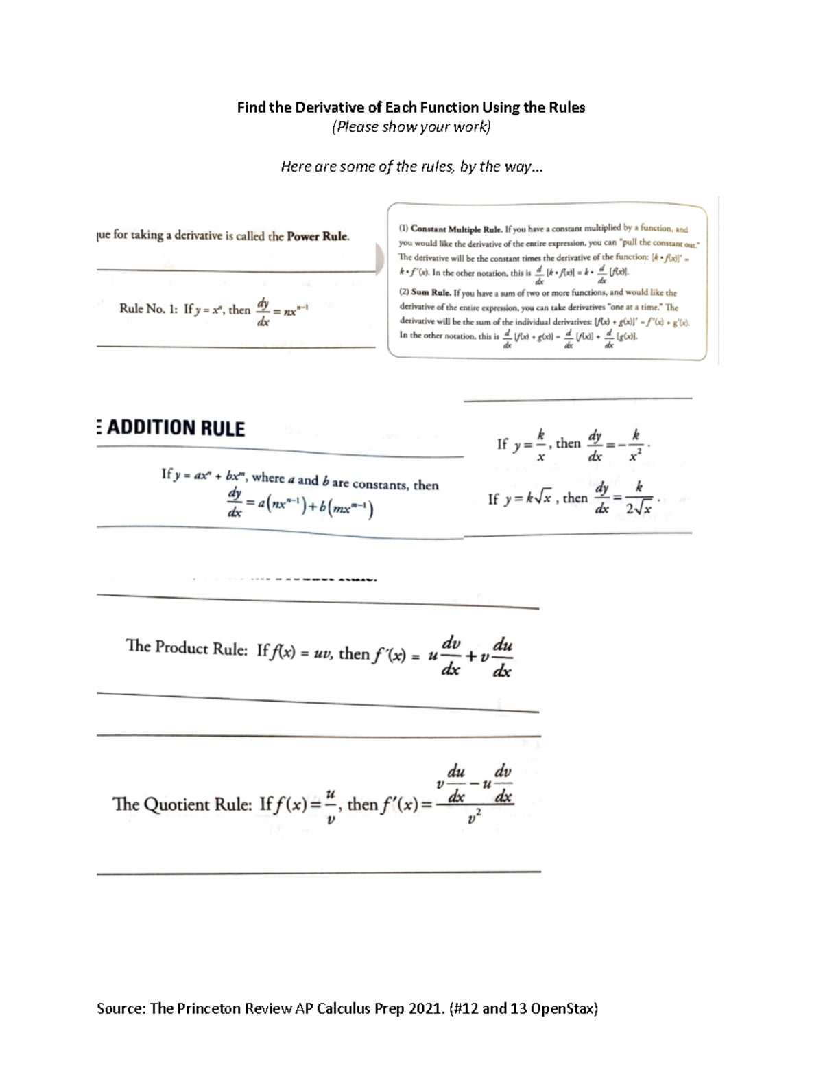 2.3 Derivative Using the Rules-HW - Source: The Princeton Review AP ...