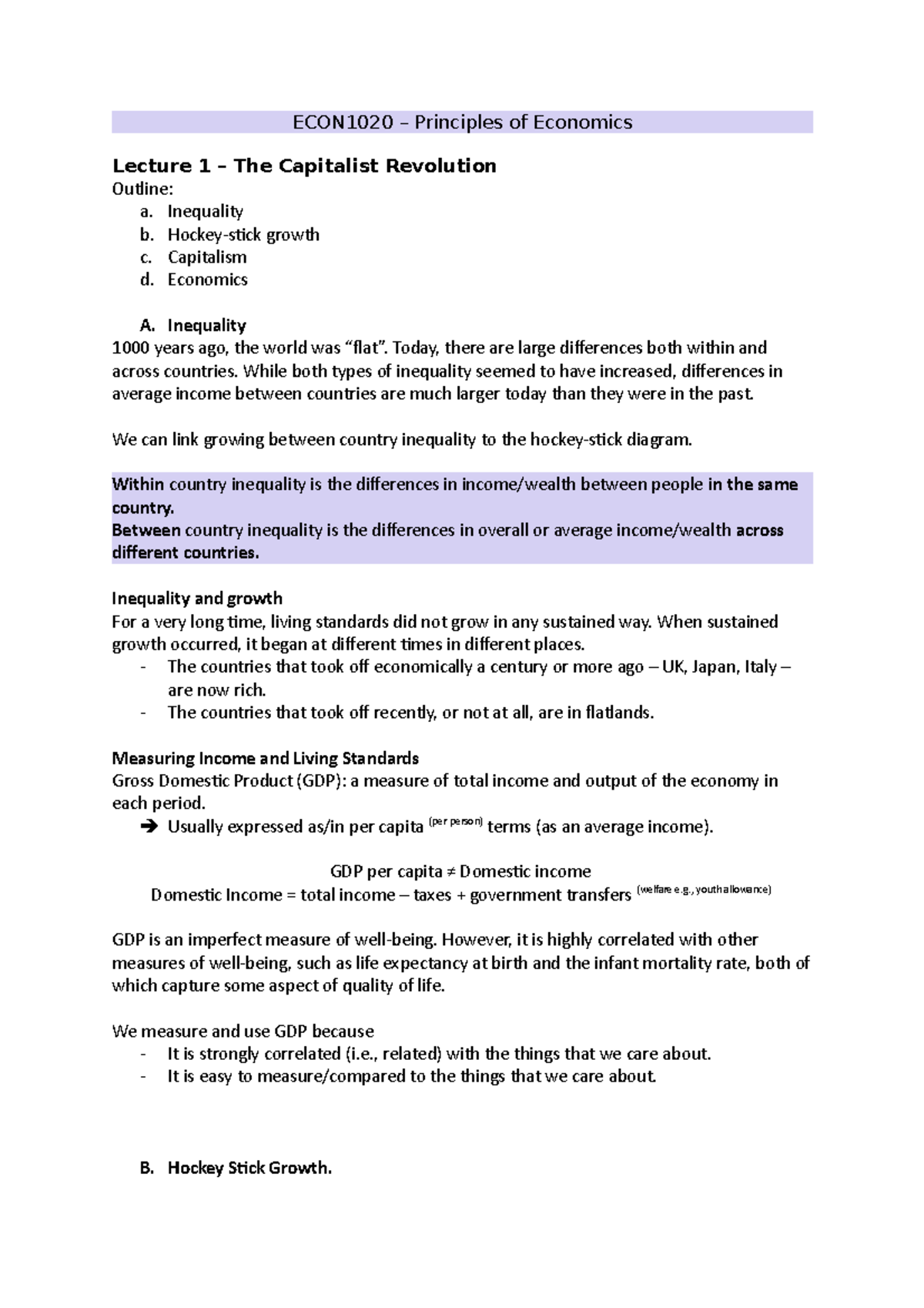 ECON1020 Notes - ECON1020 – Principles of Economics Lecture 1 – The ...