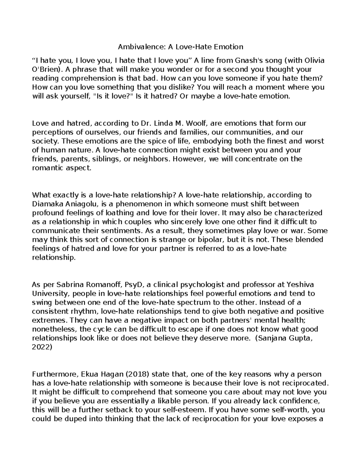 Ambivalence - LECTURE NOTES - Ambivalence: A Love-Hate Emotion “I hate ...