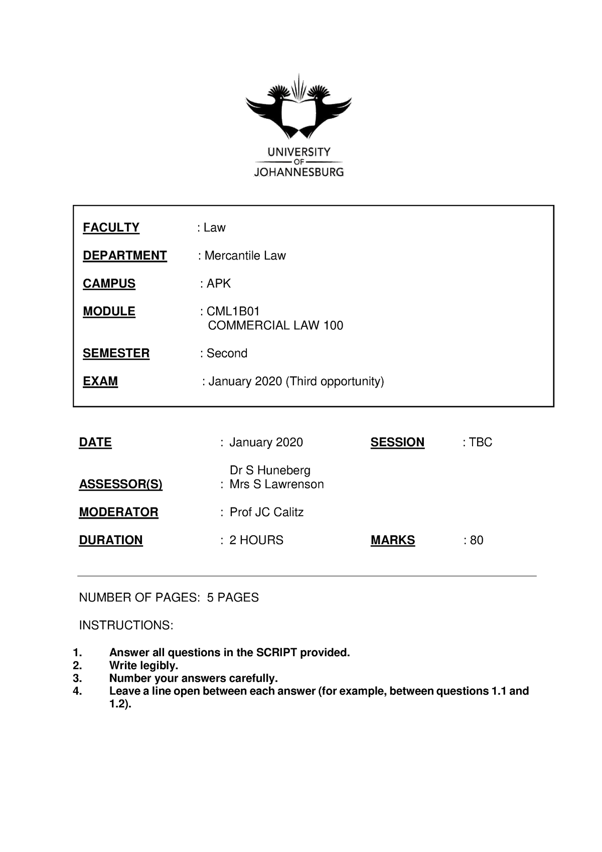 Commercial Law Special Exam 2019 Final 1 Date January 2020 Session Tbc Assessors 5457