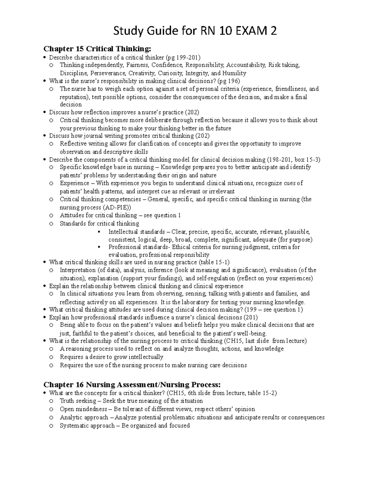 Doc - theory - Study Guide for RN 10 EXAM 2 Chapter 15 Critical ...