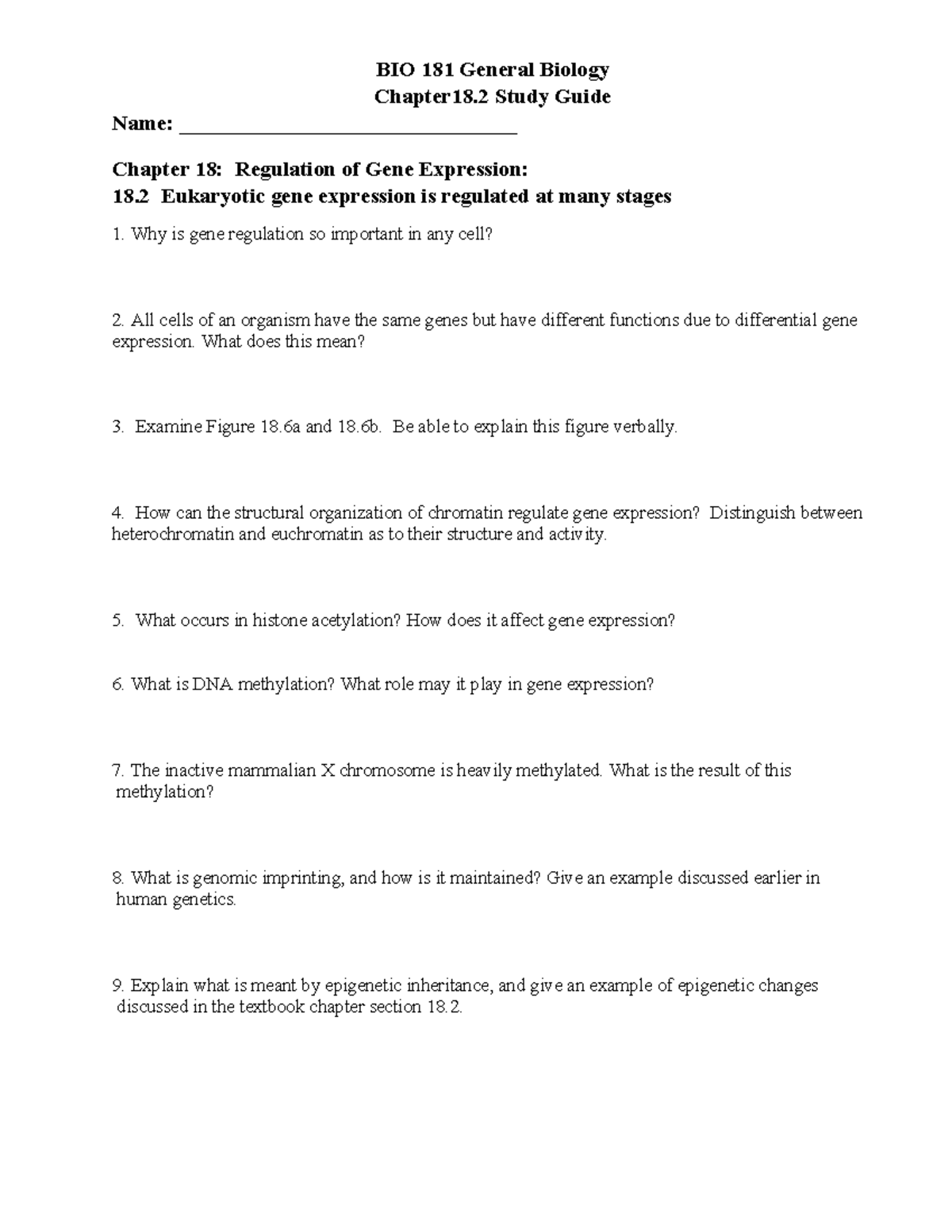 Chapter 18 Study Guide F23 - BIO 181 General Biology Chapter18 Study ...