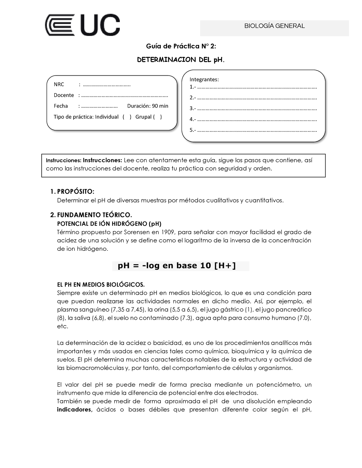 GuÍa De Práctica N° 2 Para Seguir GuÌa De Pr·ctica N∞ 2 Determinacion Del Ph 1 Prop”sito 7164