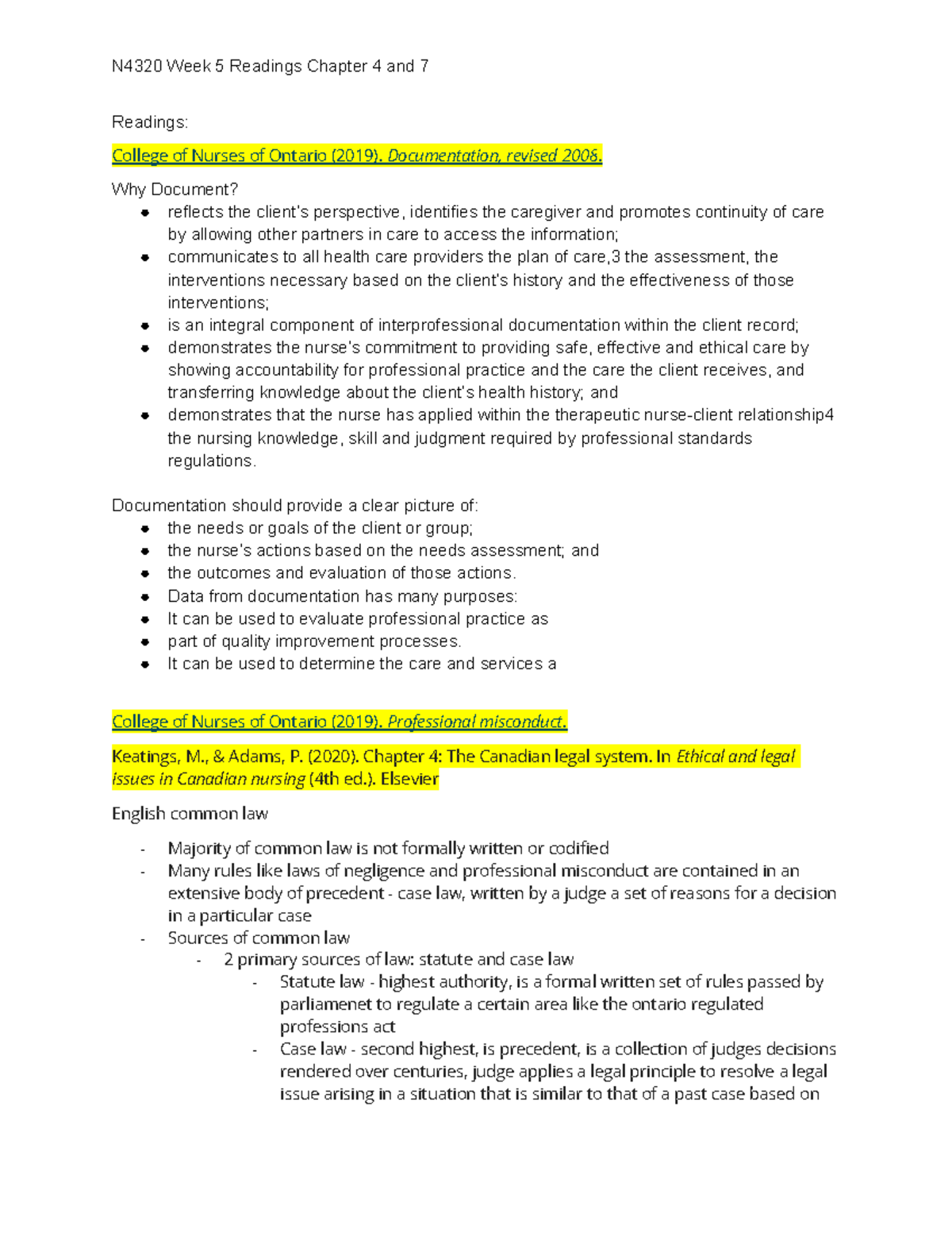 N4320 Week 5 Readings - Readings: College of Nurses of Ontario (2019 ...