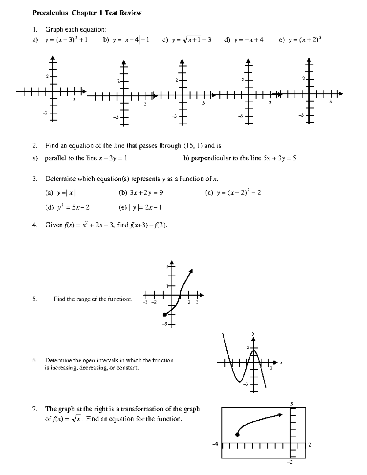 Chapter 1 Practice Test #2 - Precalculus Chapter 1 Test Review Graph ...