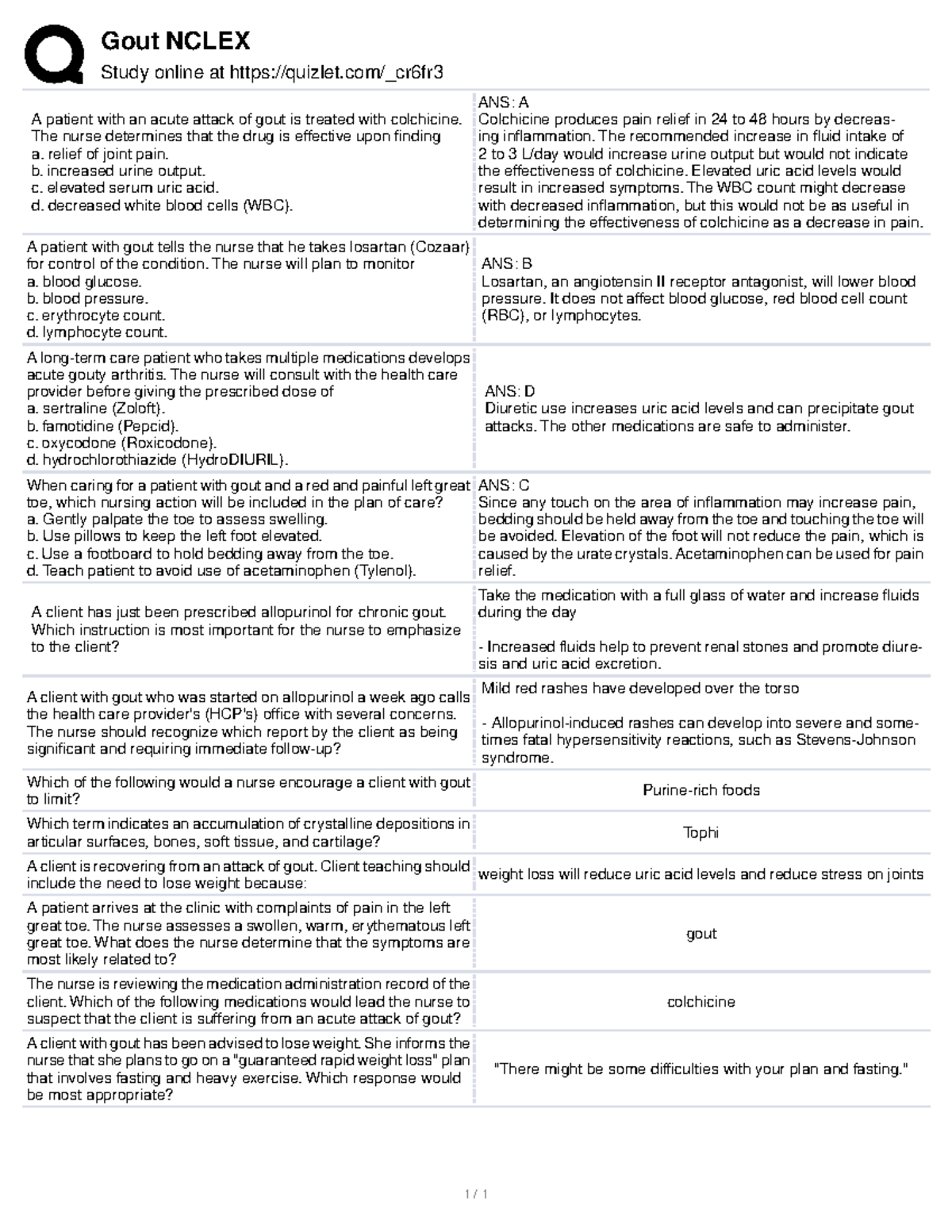 Gout Nclex ncm Gout NCLEX Study online at quizlet/_cr6fr A patient