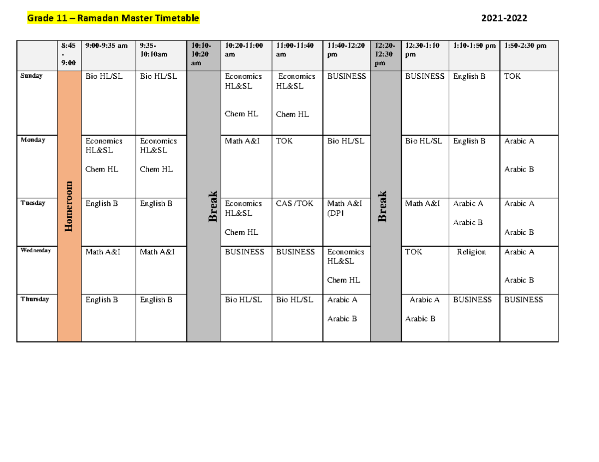 Grade 11 Ramadan Master Timetable - Grade 11 – Ramadan Master Timetable ...