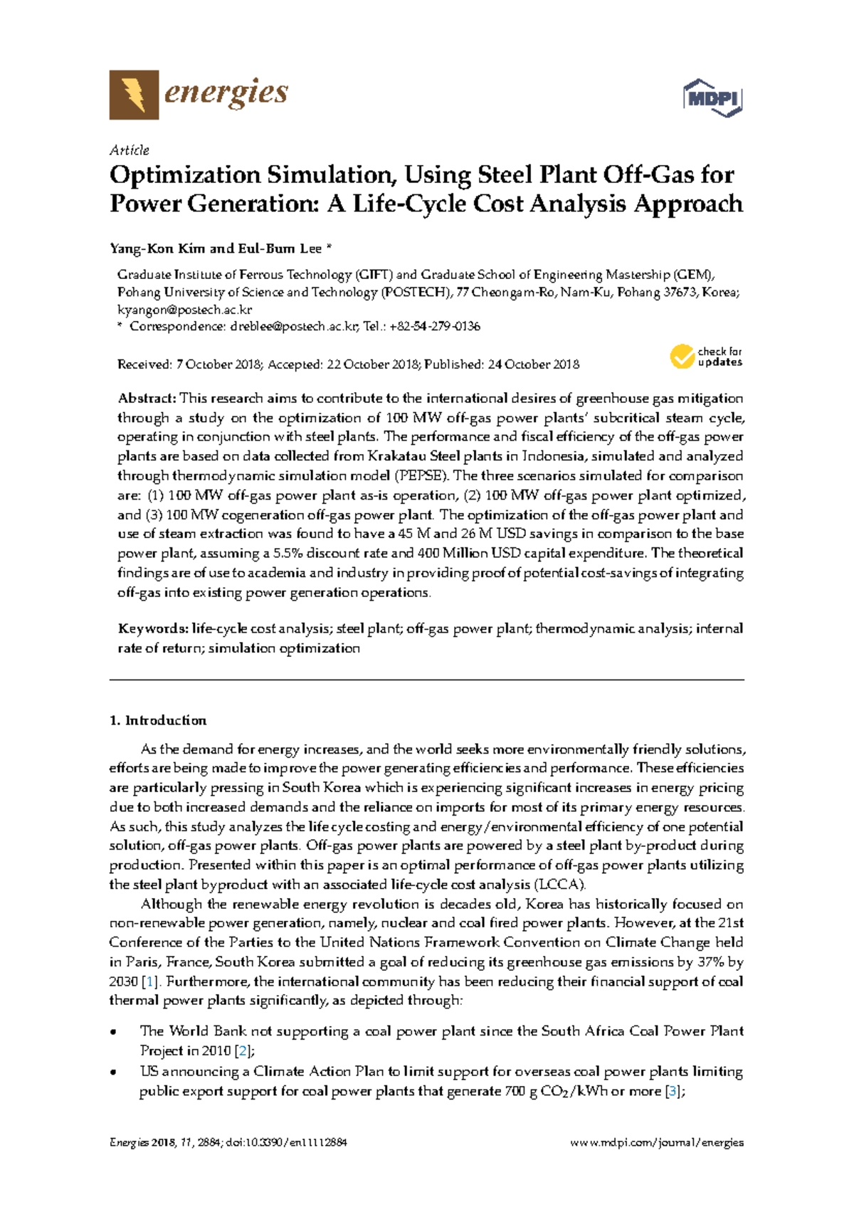 Optimization Simulation Using Steel Plant Off-Gas - energies Article ...