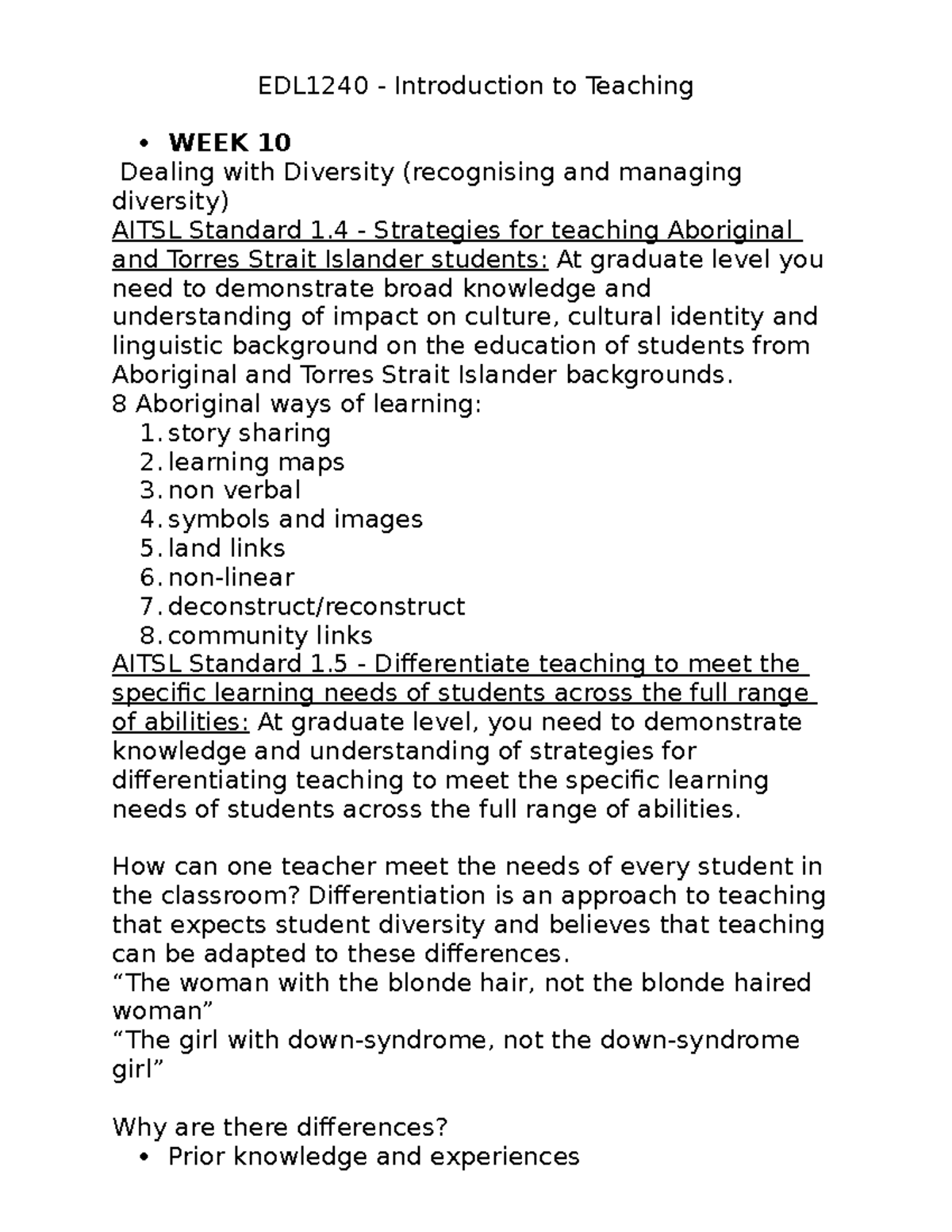 EDL1240 week 10 - Lecture notes 10 - EDL1240 Introduction to Teaching ...