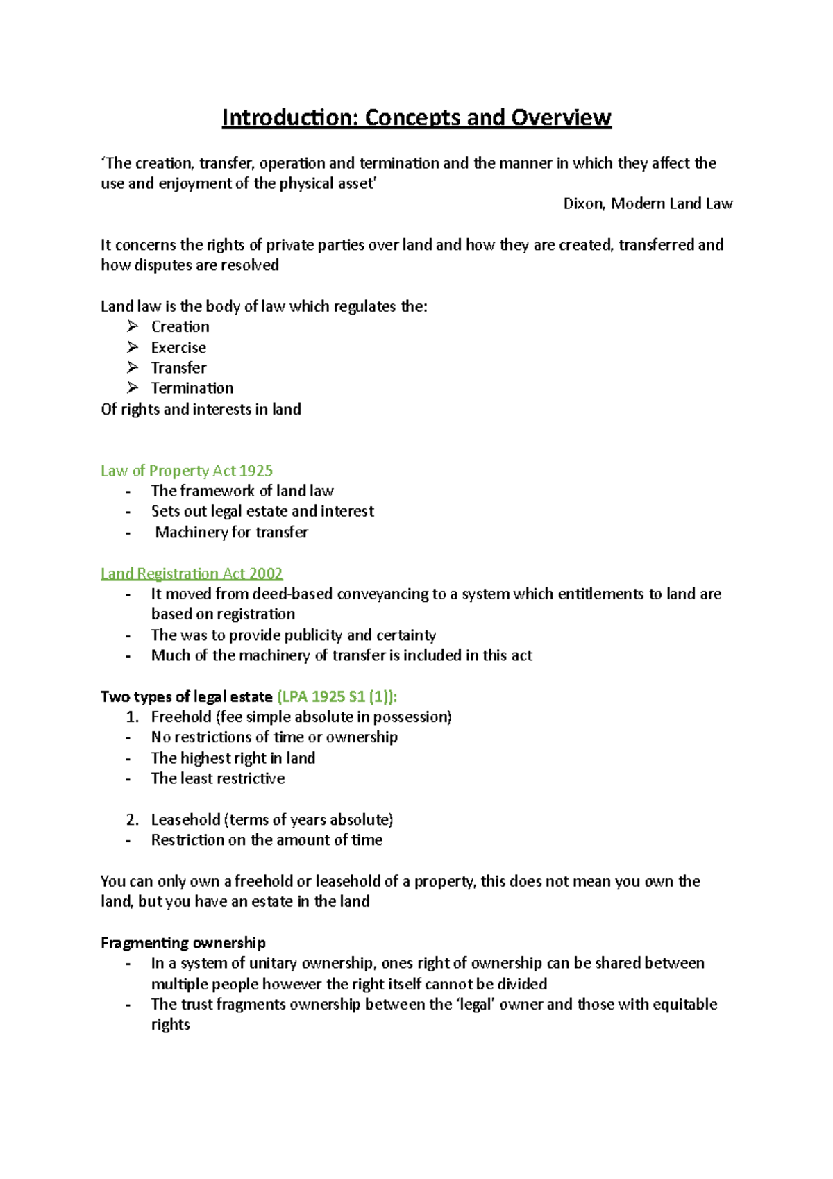 1. Introduction to Land Law - Introduction: Concepts and Overview ‘The ...