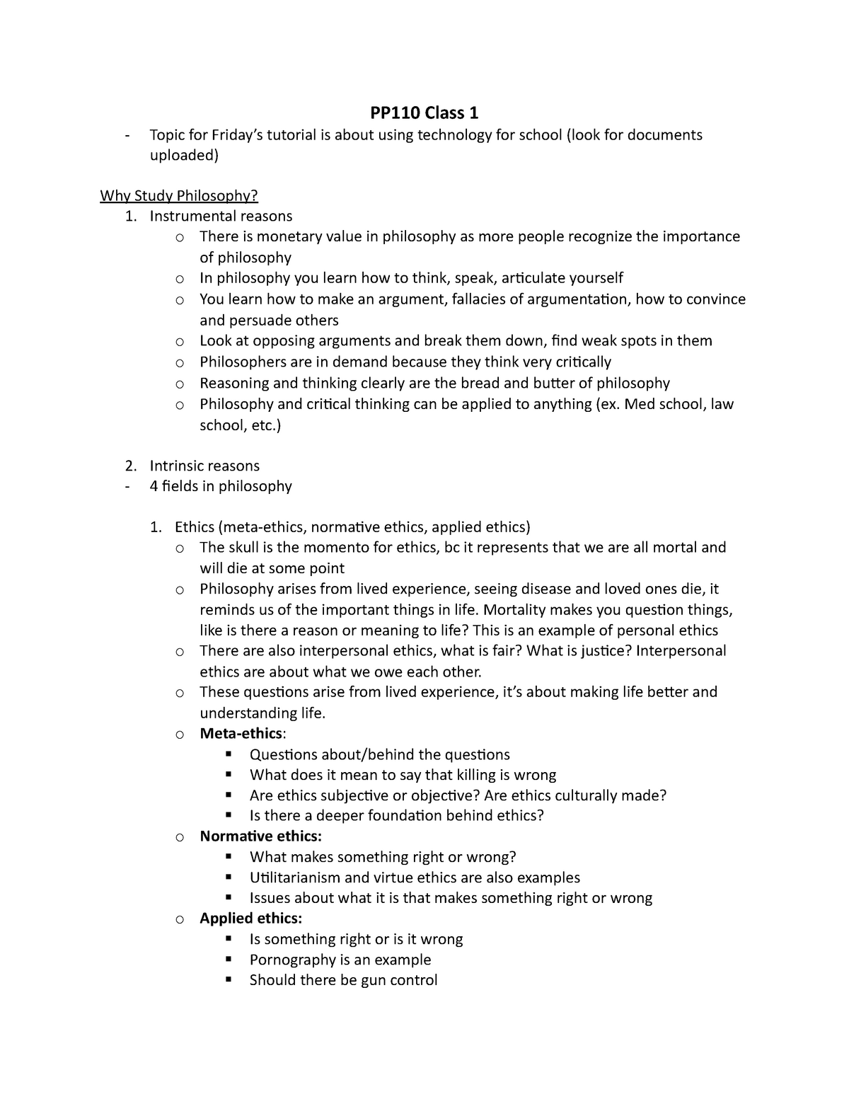 PP110 Class 1 - Notes - PP110 Class 1 Topic for Friday’s tutorial is ...