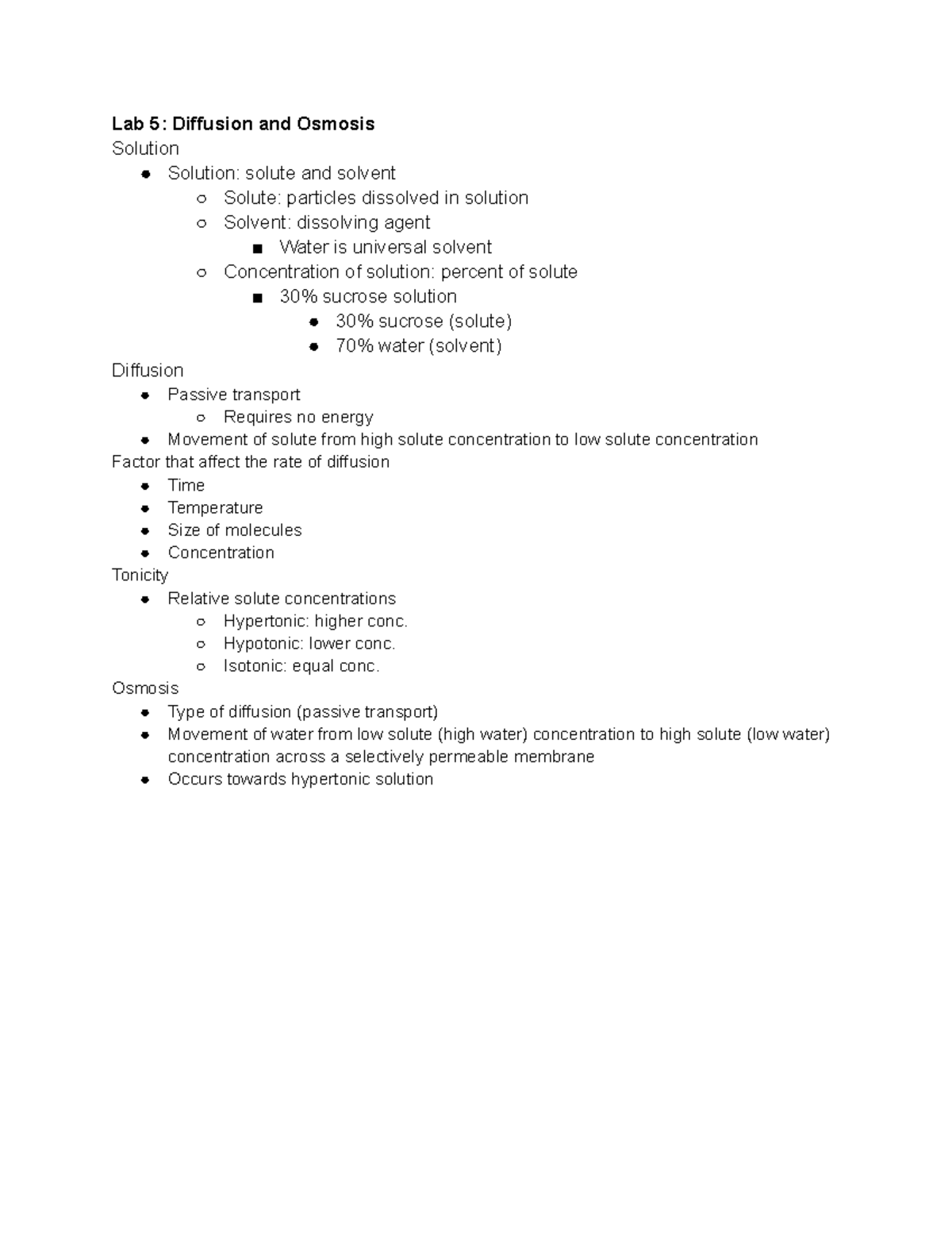 Lab 5 Diffusion and Osmosis Lab 5 Diffusion and Osmosis Solution