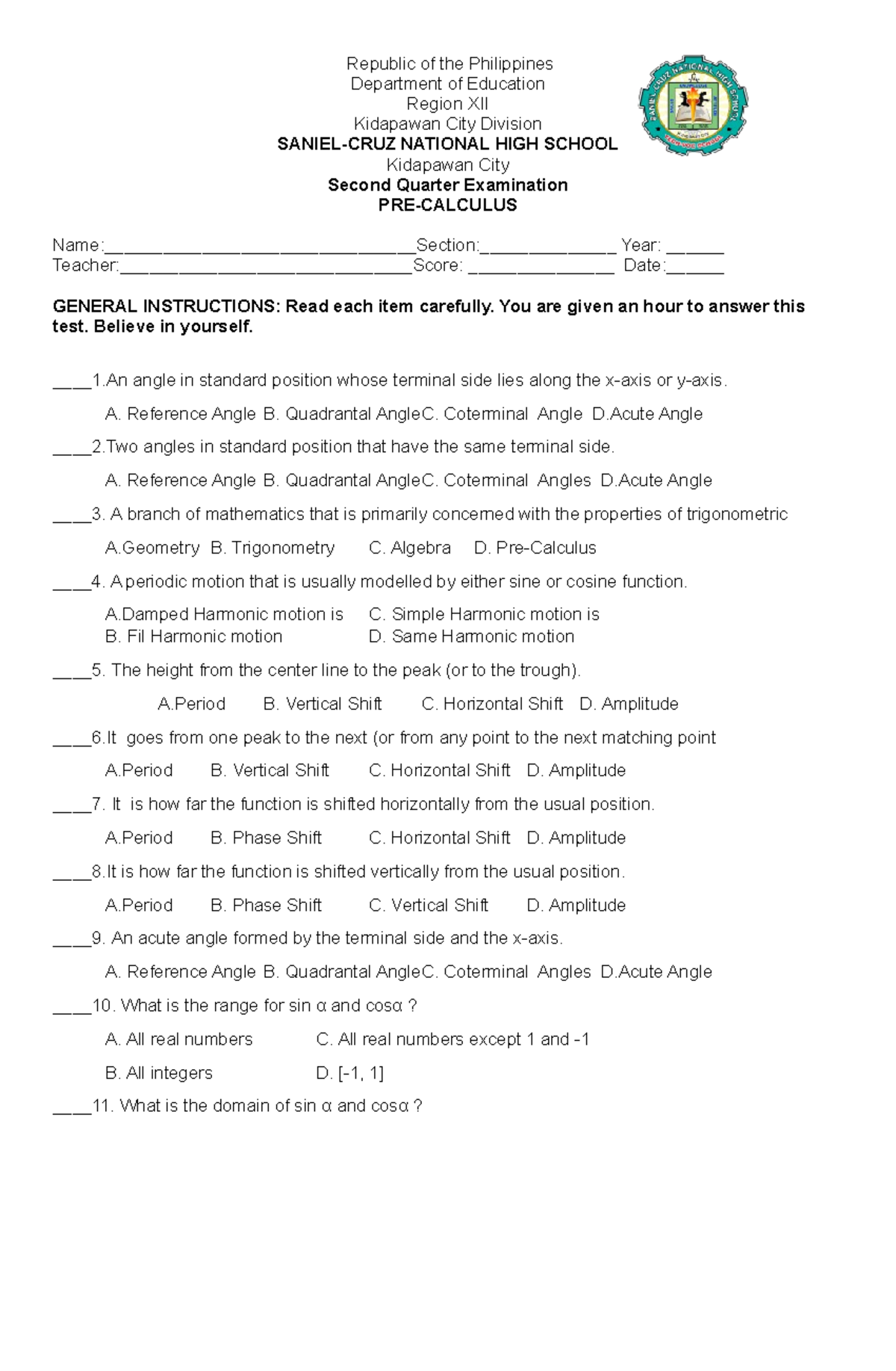 Precl - FINAL EXAMINATION - Republic of the Philippines Department of ...