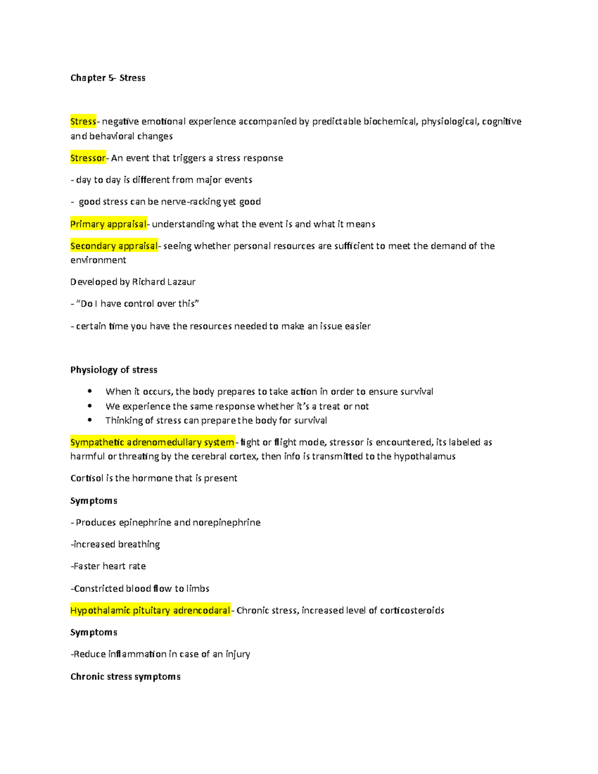 Chapter 5 stress - psych - Chapter 5- Stress Stress- negative emotional ...