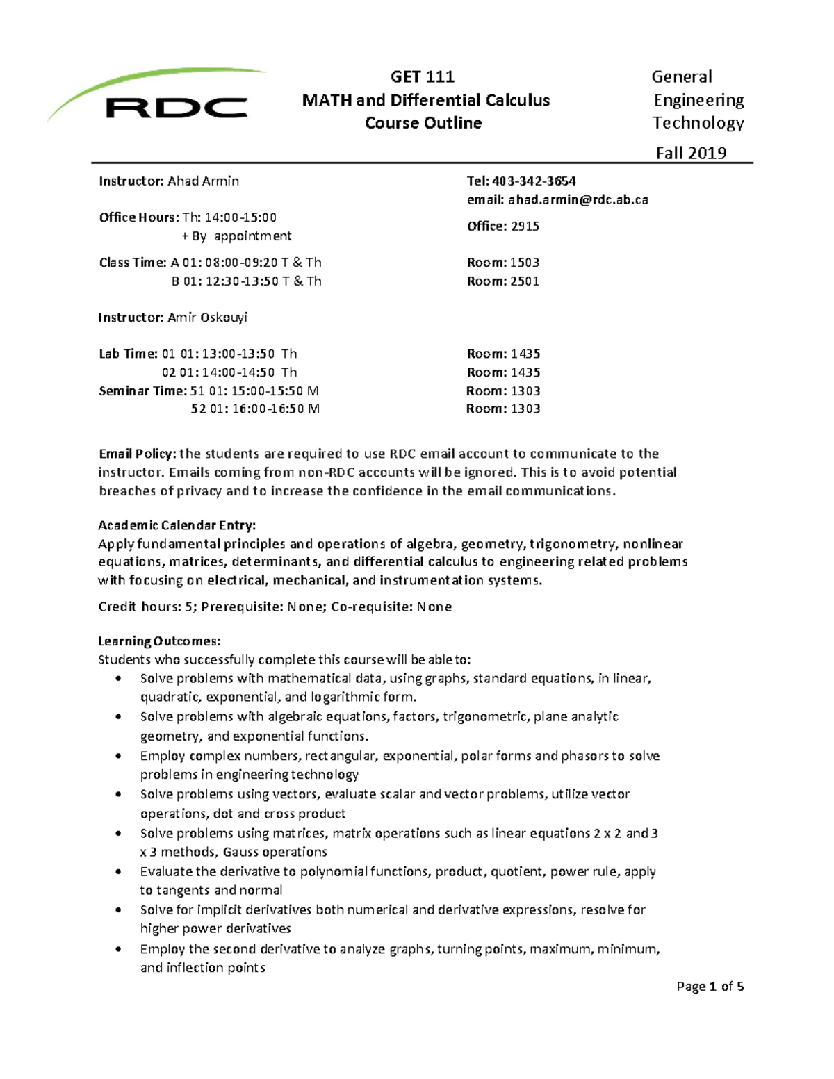 Diffrential Calculus Course Outline - GET 111 General MATH and ...