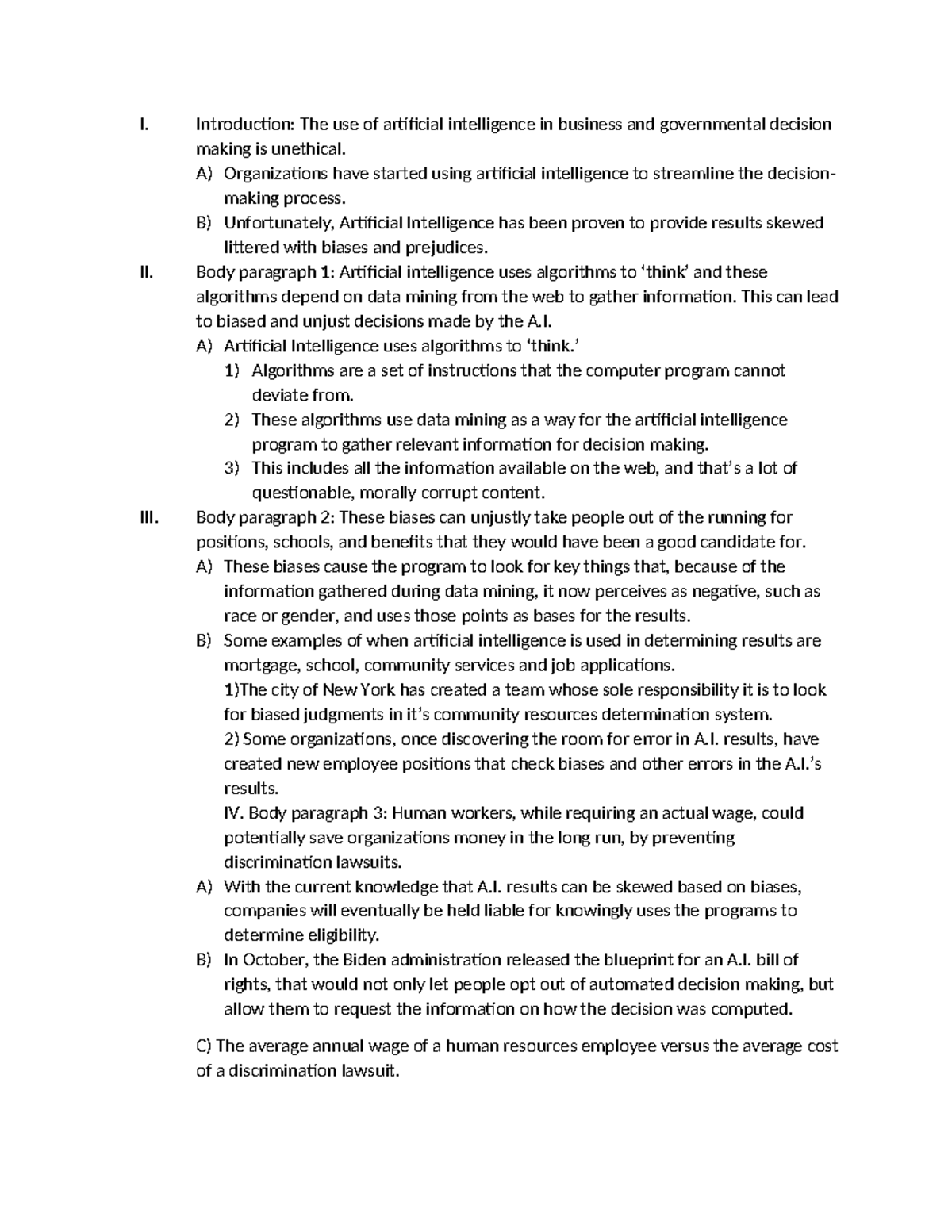 Module 4 outline 4-2 - I. Introduction: The use of artificial ...