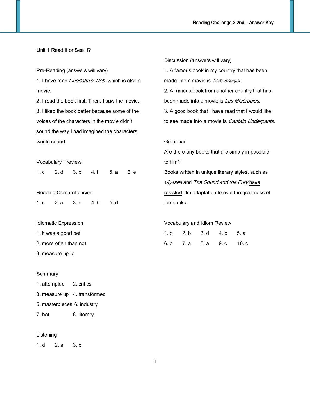 the dreaded book report answer key