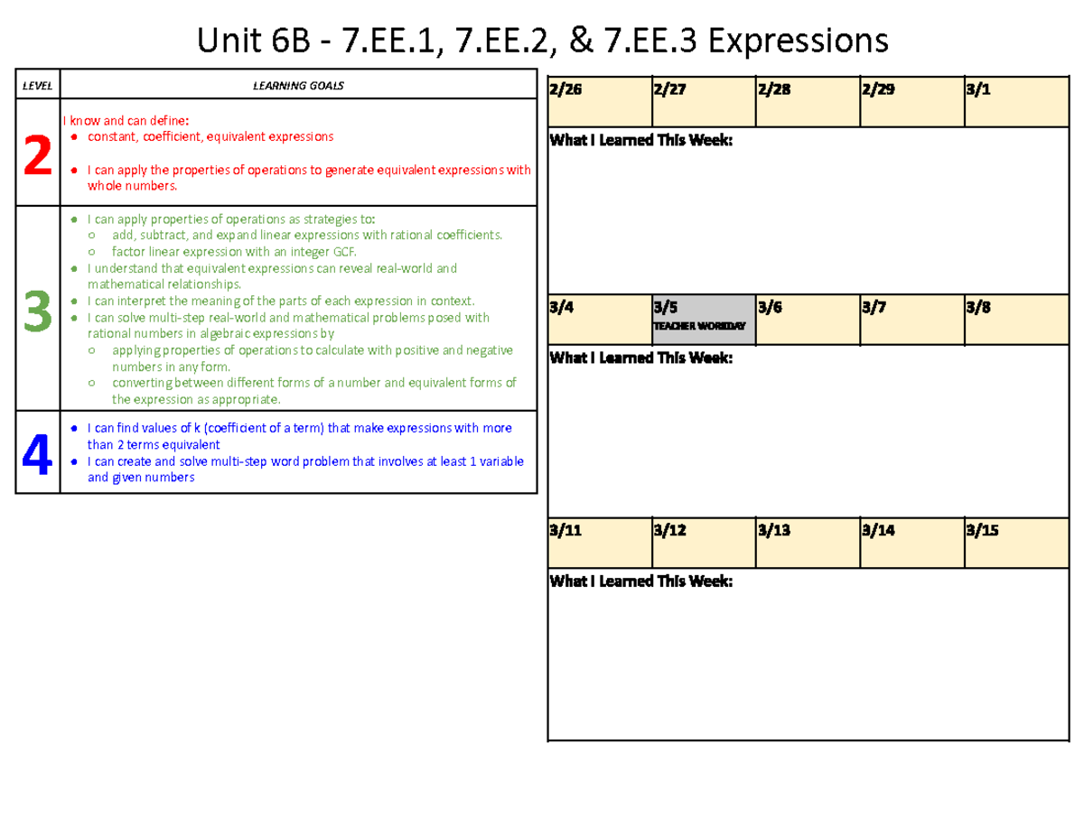 Unit 6B - 7.EE.1, 7.EE.2, & 7.EE.3 Expressions KEY - Unit 6B - 7.EE, 7 ...