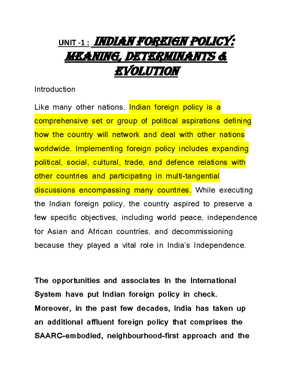 IFP UNIT 1 IN English UNIT 1 INDIAN FOREIGN POLICY MEANING