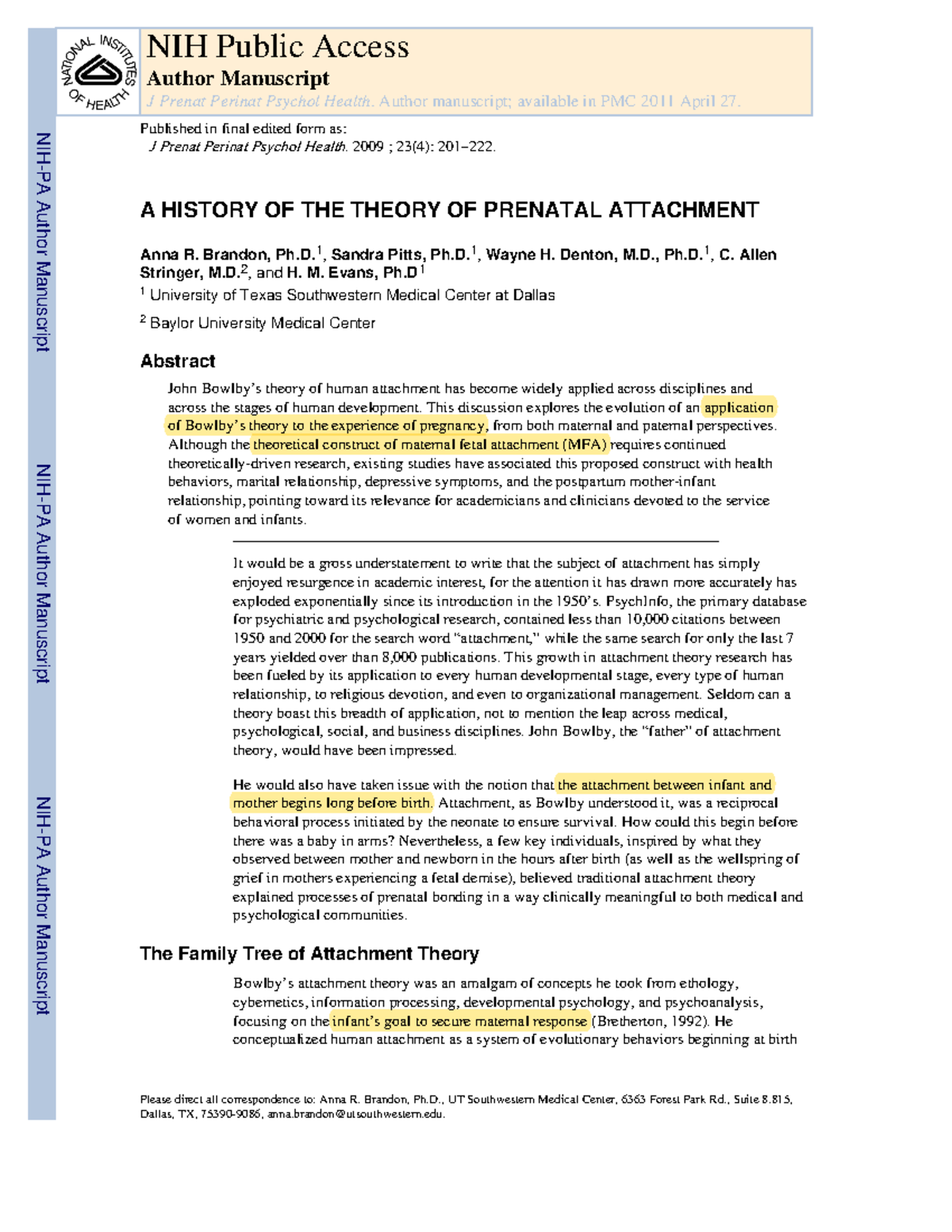 a history of the theory of prenatal attachment
