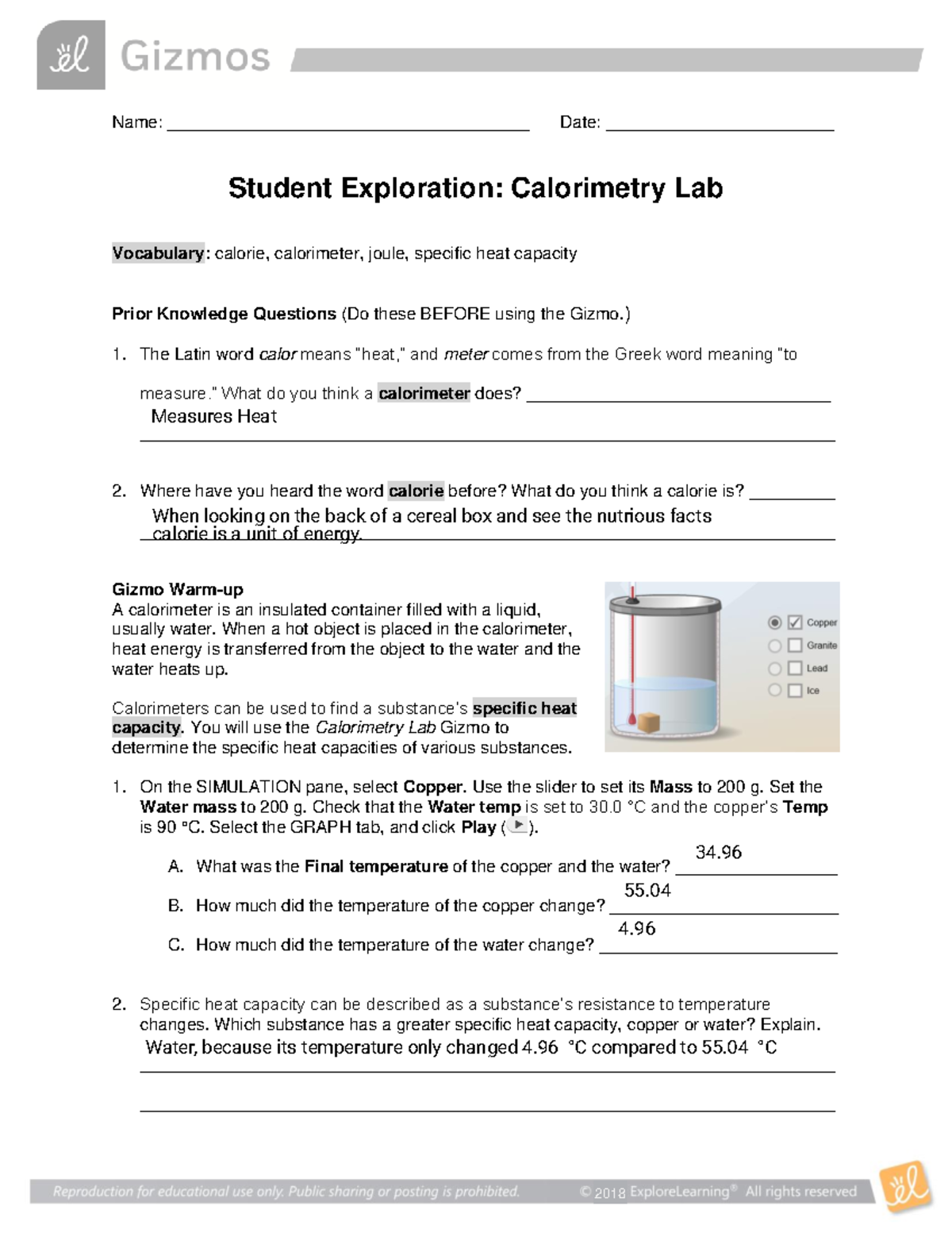 Calorimetry Gizmo Lab : 4.03 Calorimetry Gizmo Lab Report1 – KERPYN