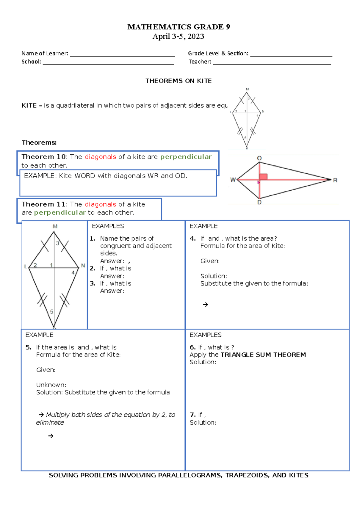 April 3-5 - THEOREMS ON KITE - MATHEMATICS GRADE 9 April 3-5, 2023 Name ...