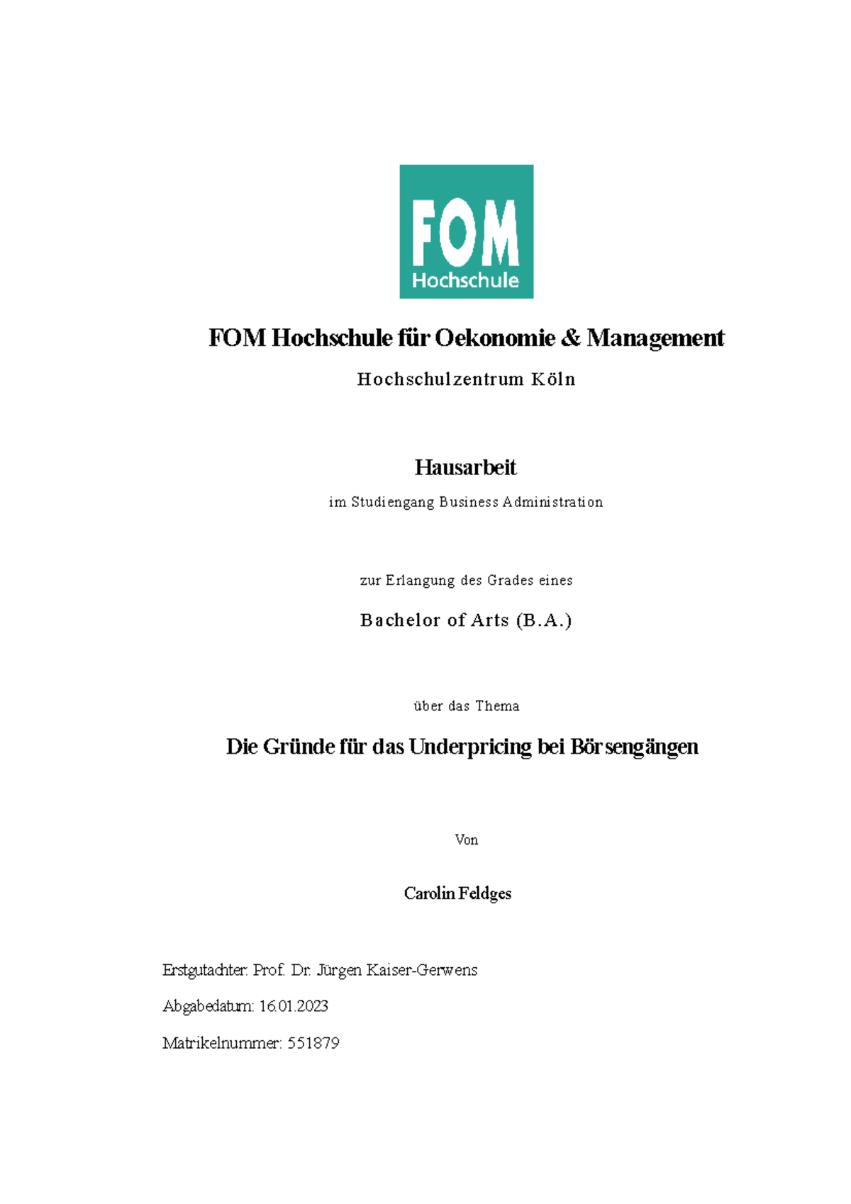 Hausarbeit - Underpricing - FOM Hochschule für Oekonomie & Management