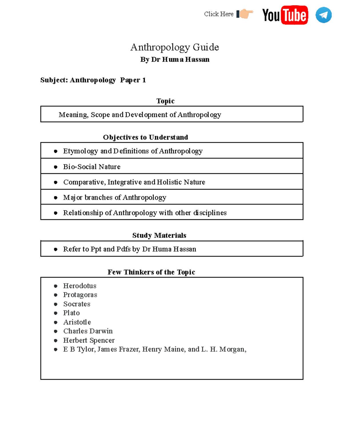 Anthro Planner 1 1 1 Anthropology Guide By Dr Huma Hassan Subject