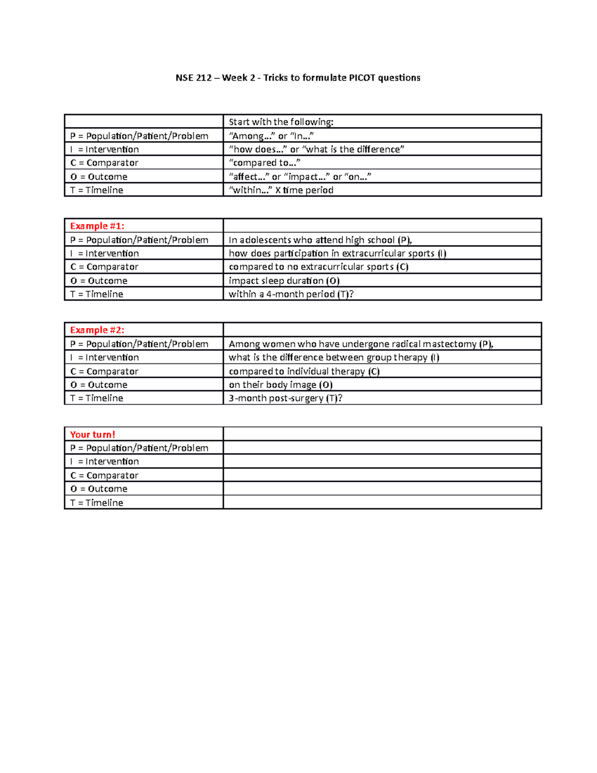Tricks to formulate Picot questions - NSE 212 – Week 2 - Tricks to ...