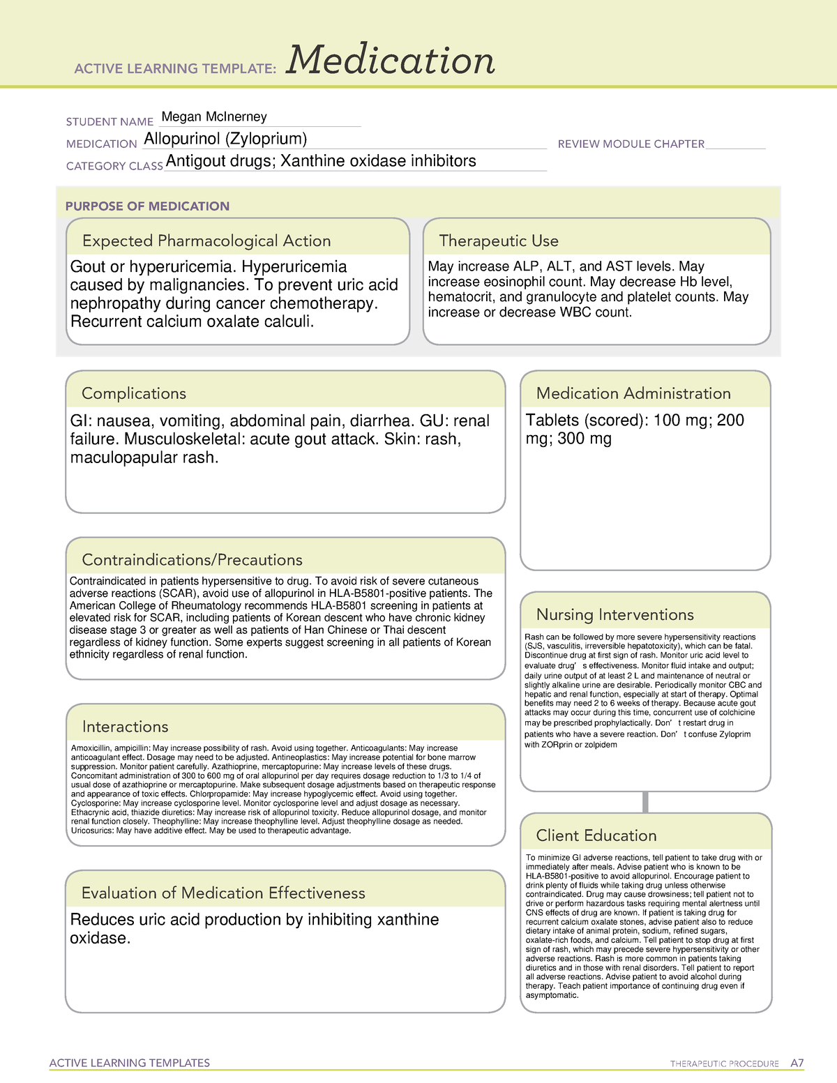 Allopurinol Medication wk 2 ACTIVE LEARNING TEMPLATES THERAPEUTIC
