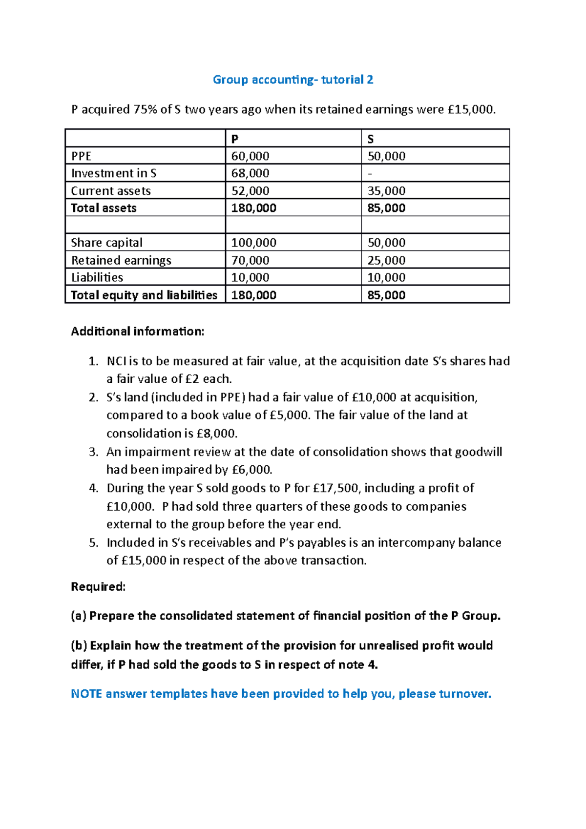 Group Accounting Tutorial 2 PPE Investment In S Current Assets Total   Thumb 1200 1698 