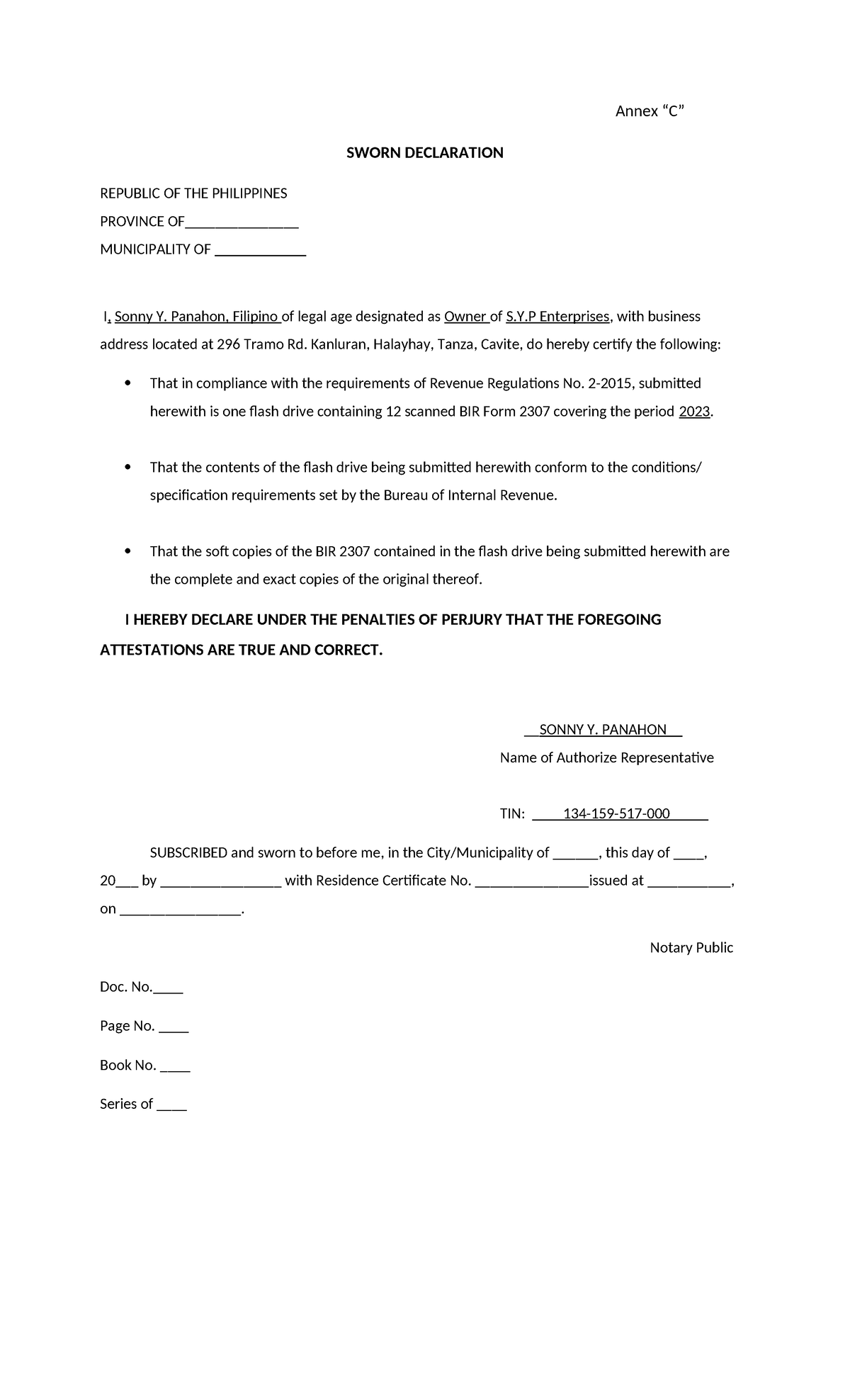 Annex D - Sworn Declaration For 2307 - Annex “C” SWORN DECLARATION ...