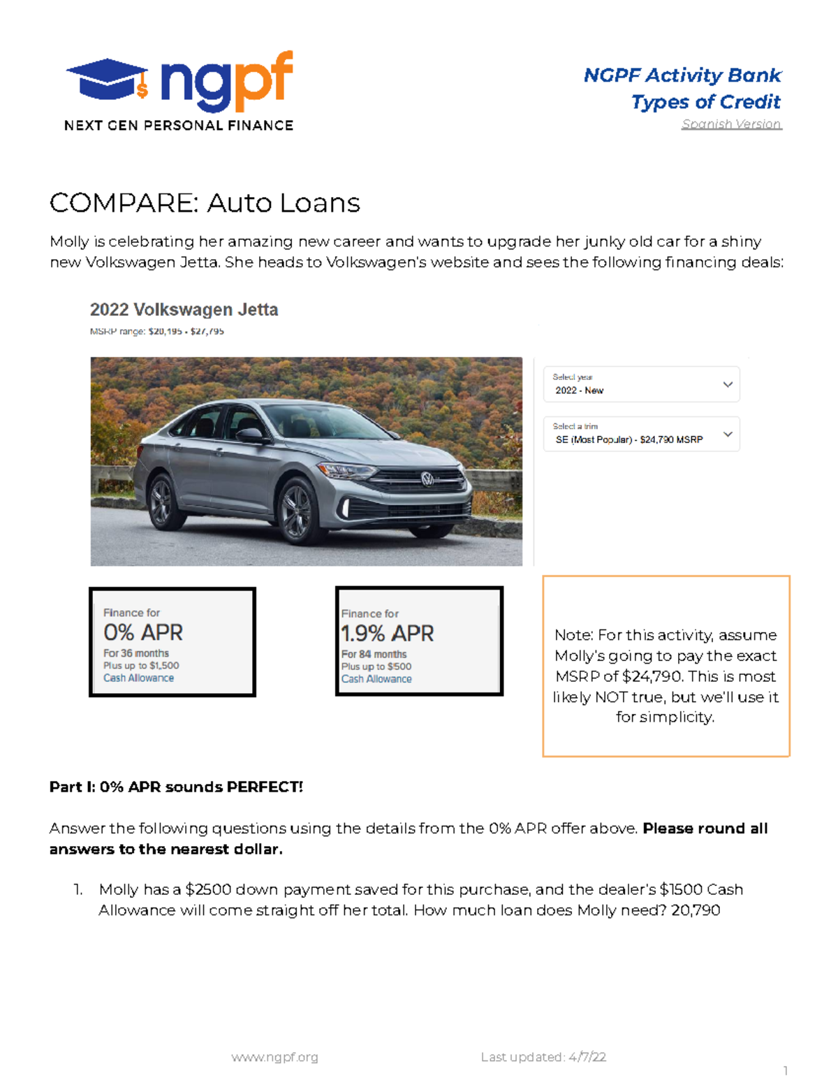 Compare Auto Loans - savgffbdgbg - NGPF Activity Bank Types of Credit Spanish Version COMPARE ...