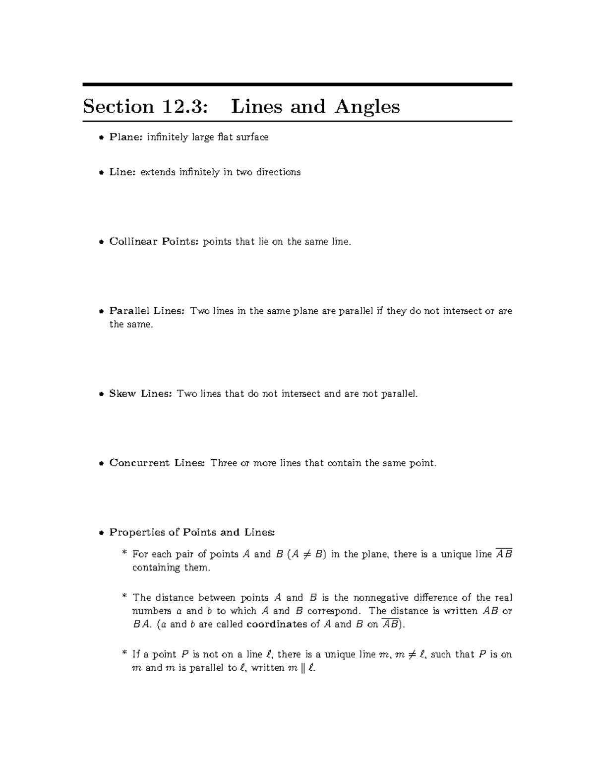 Lines and Angles - Plane: infinitely large flat surface Line:extends ...