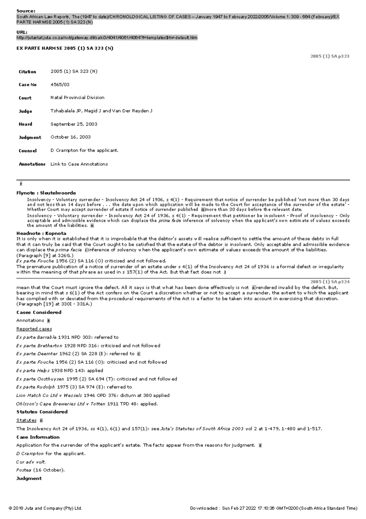 EX Parte Harmse 2005 (1) SA 323 (N) JUTA CASES - - Studocu