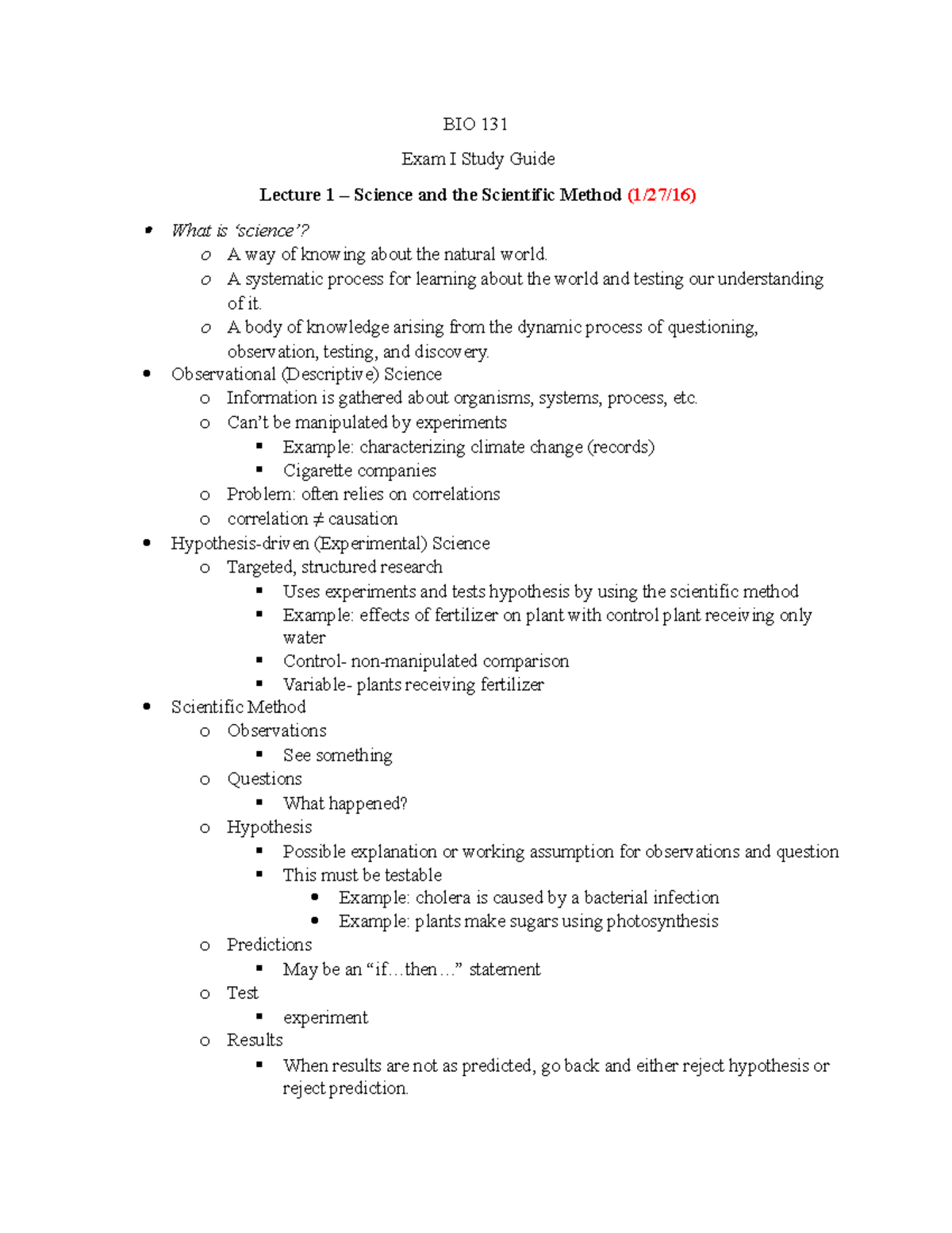 BIO EXAM 1 - Notes On Lecture To Prepare For Exam - BIO 131 Exam I ...