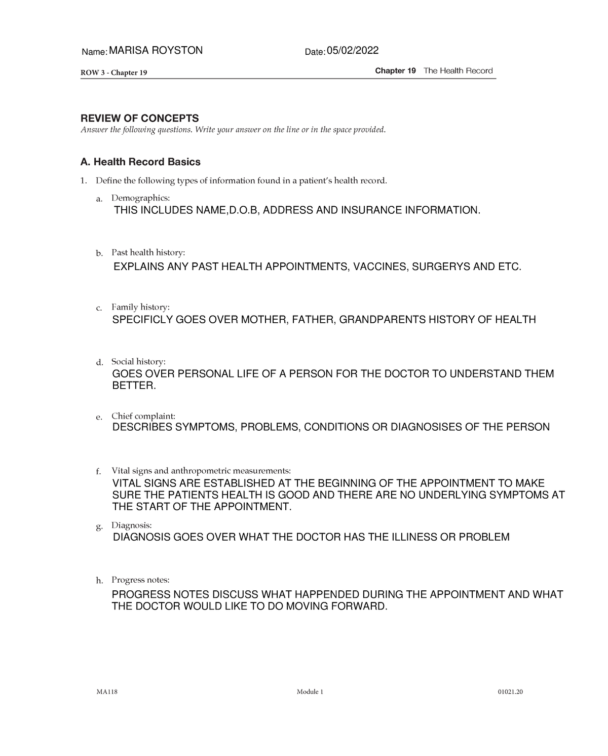 Finished MA118 ROW 3 Chapter 19 Health Record ROW 3 Chapter