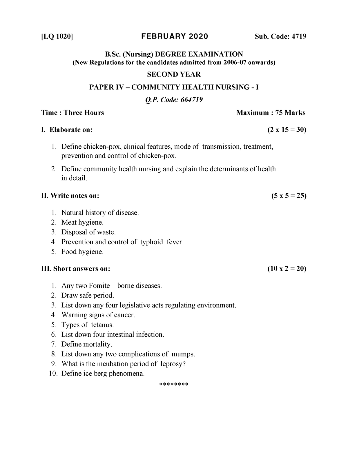 community health nursing question paper 2020