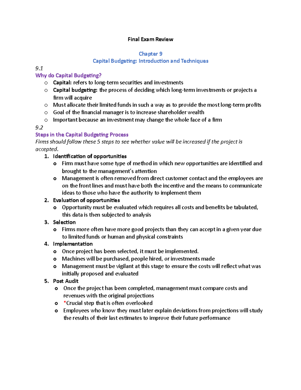 Final Exam Review - Final Exam Review Chapter 9 Capital Budgeting ...