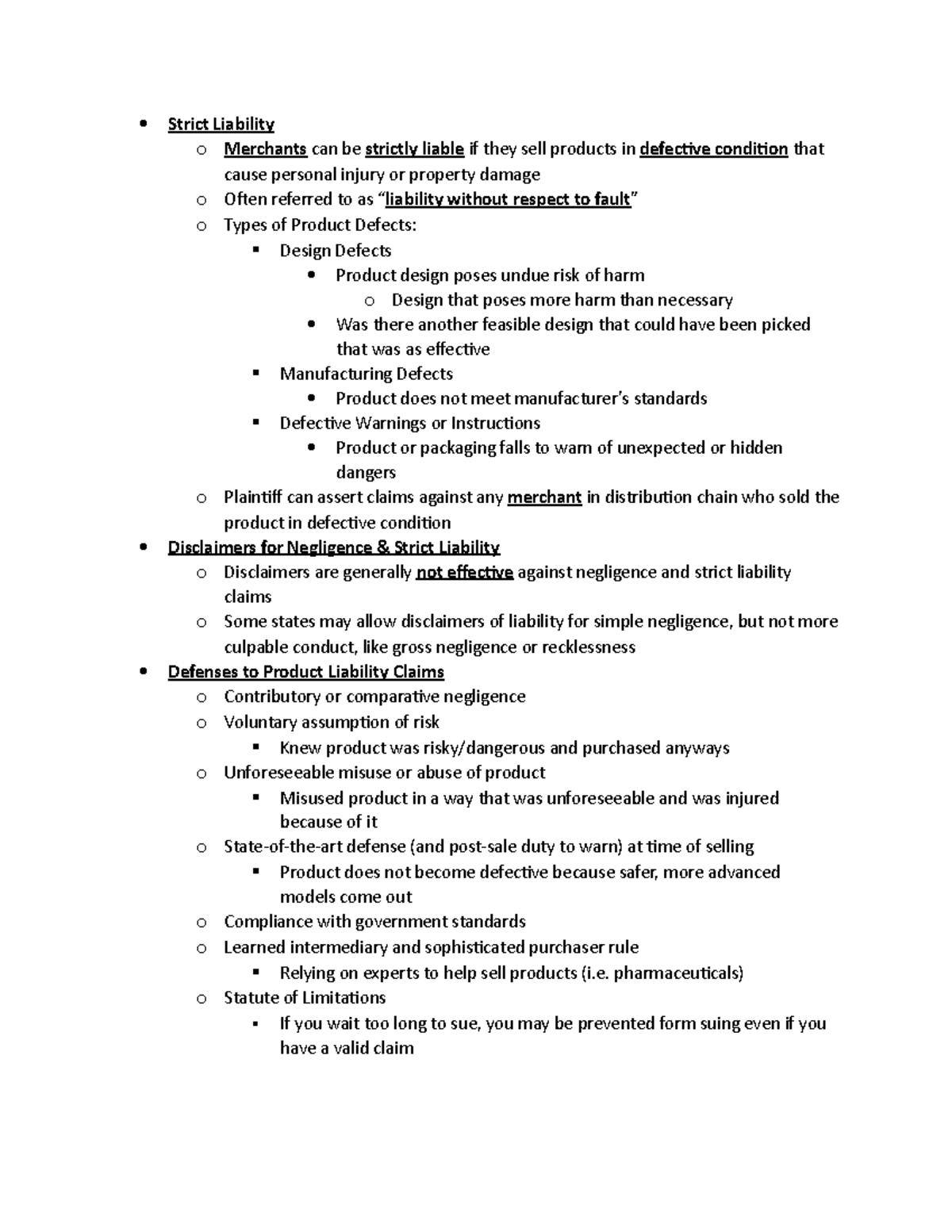 Product Liability Theory Strict Liability Strict Liability O