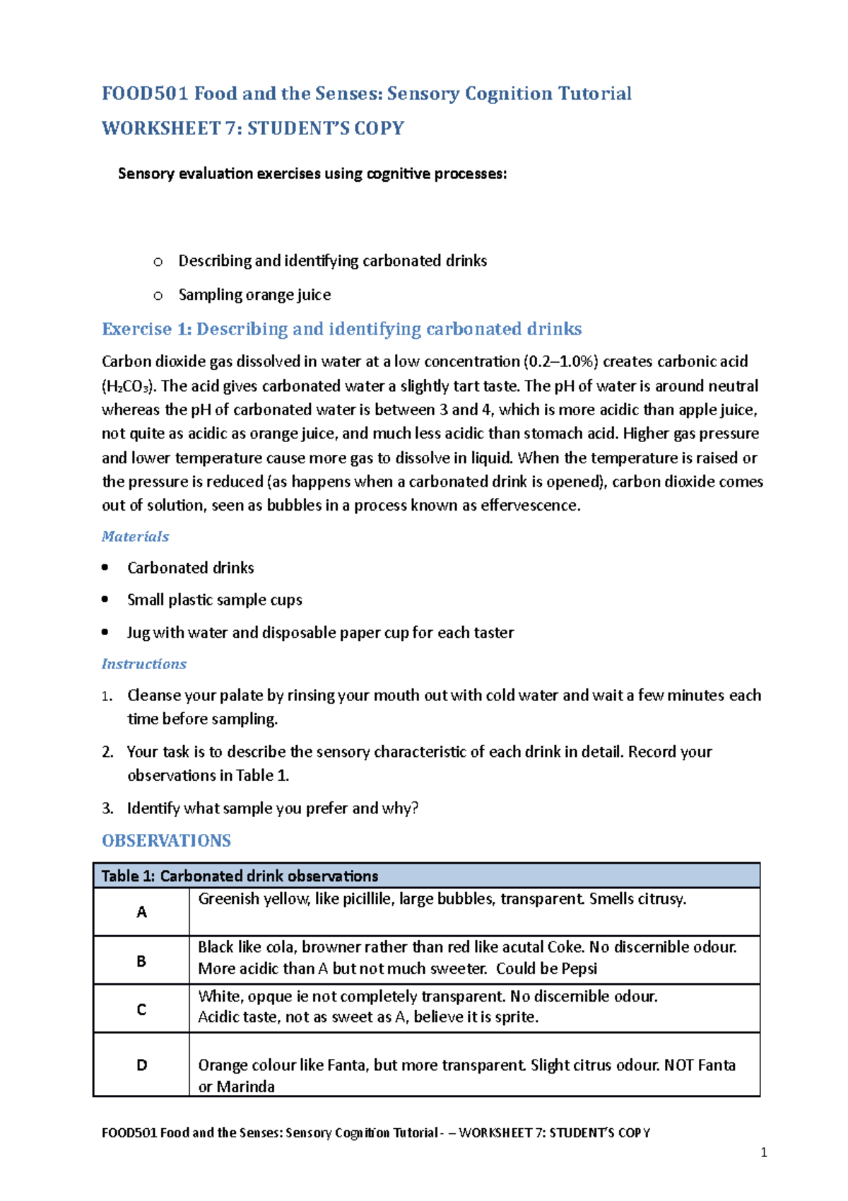7 Sensory cognition - Sensory evaluation exercises using cognitive ...