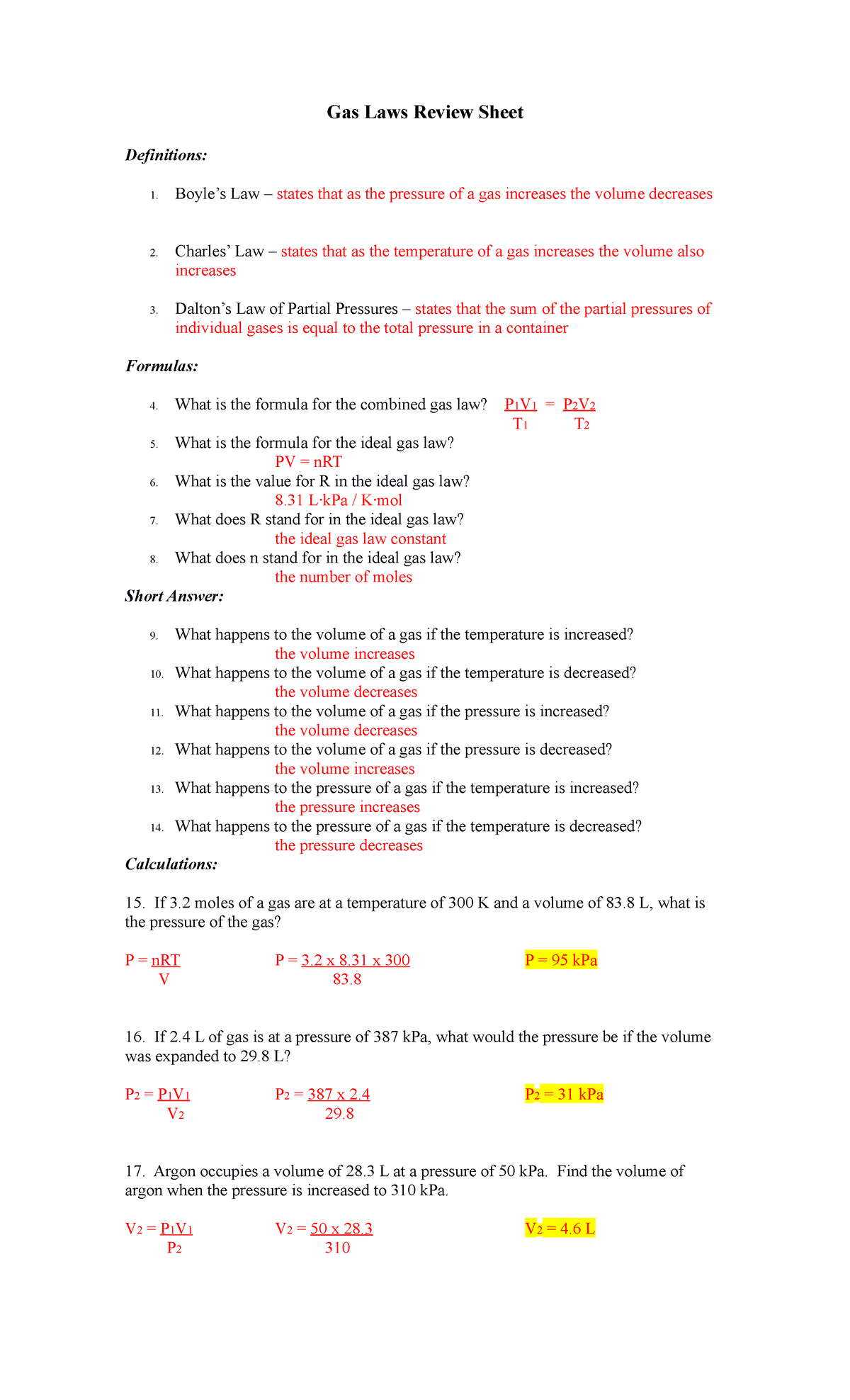 Gas Laws Review Sheet Answers