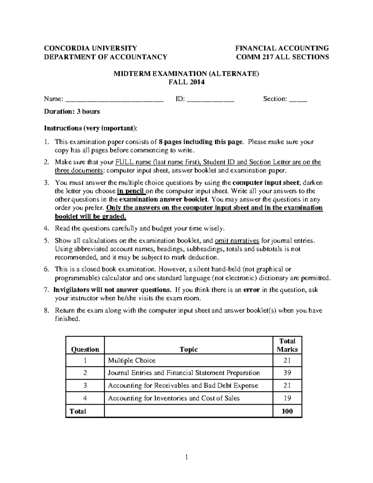 Midterm 17 September 2014, questions and answers - CONCORDIA UNIVERSITY ...