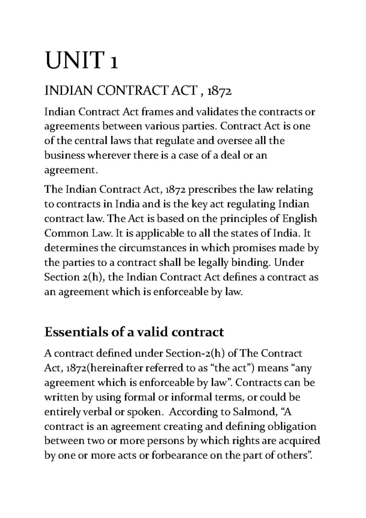 UNIT 1 - Lecture Notes 1,3-7 - UNIT 1 INDIAN CONTRACT ACT , 1872 Indian ...